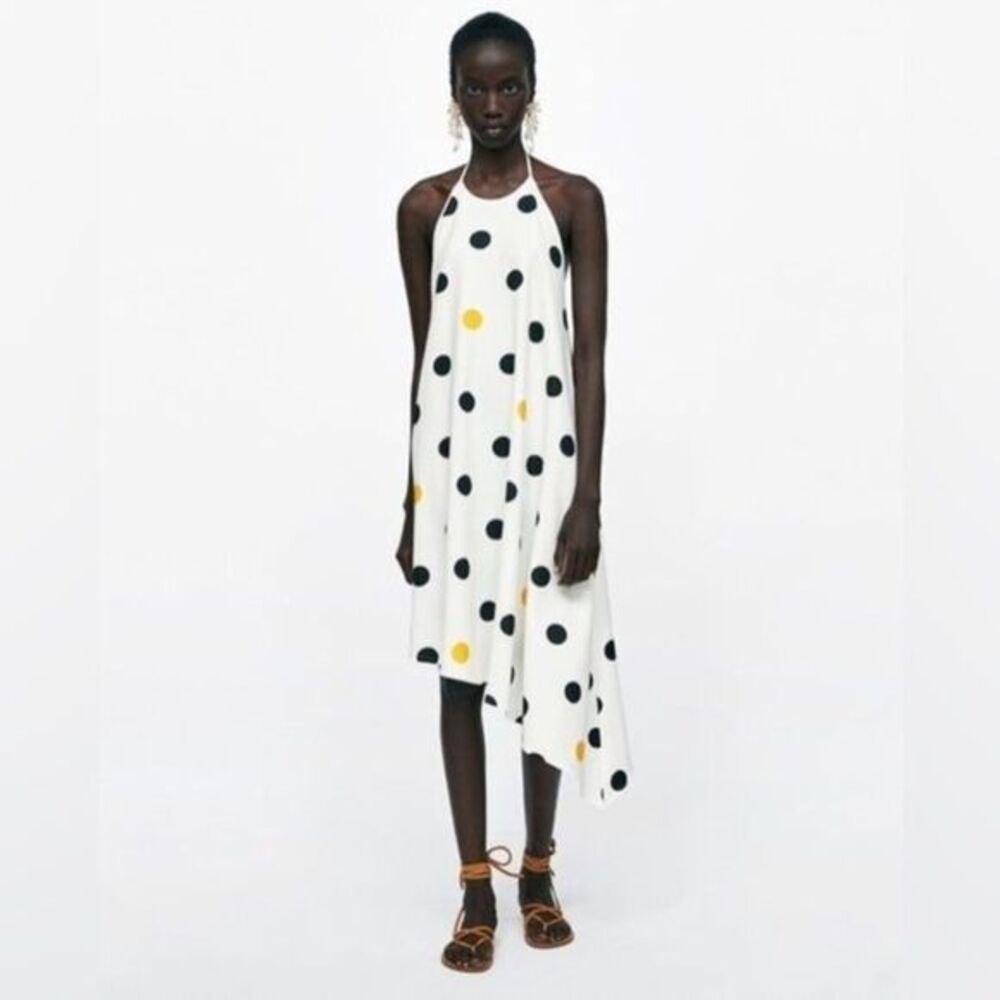 Zara asymmetric hem polka dot dress black and yellow